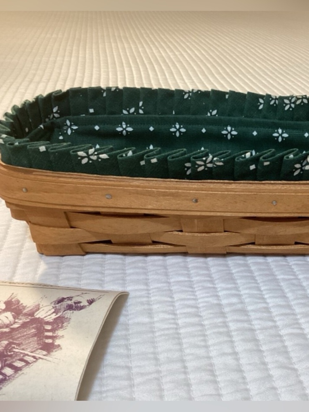 NWT LONGABERGER Green and Brown Bread Basket with Patterned Liner and Handles - Picture 9 of 10